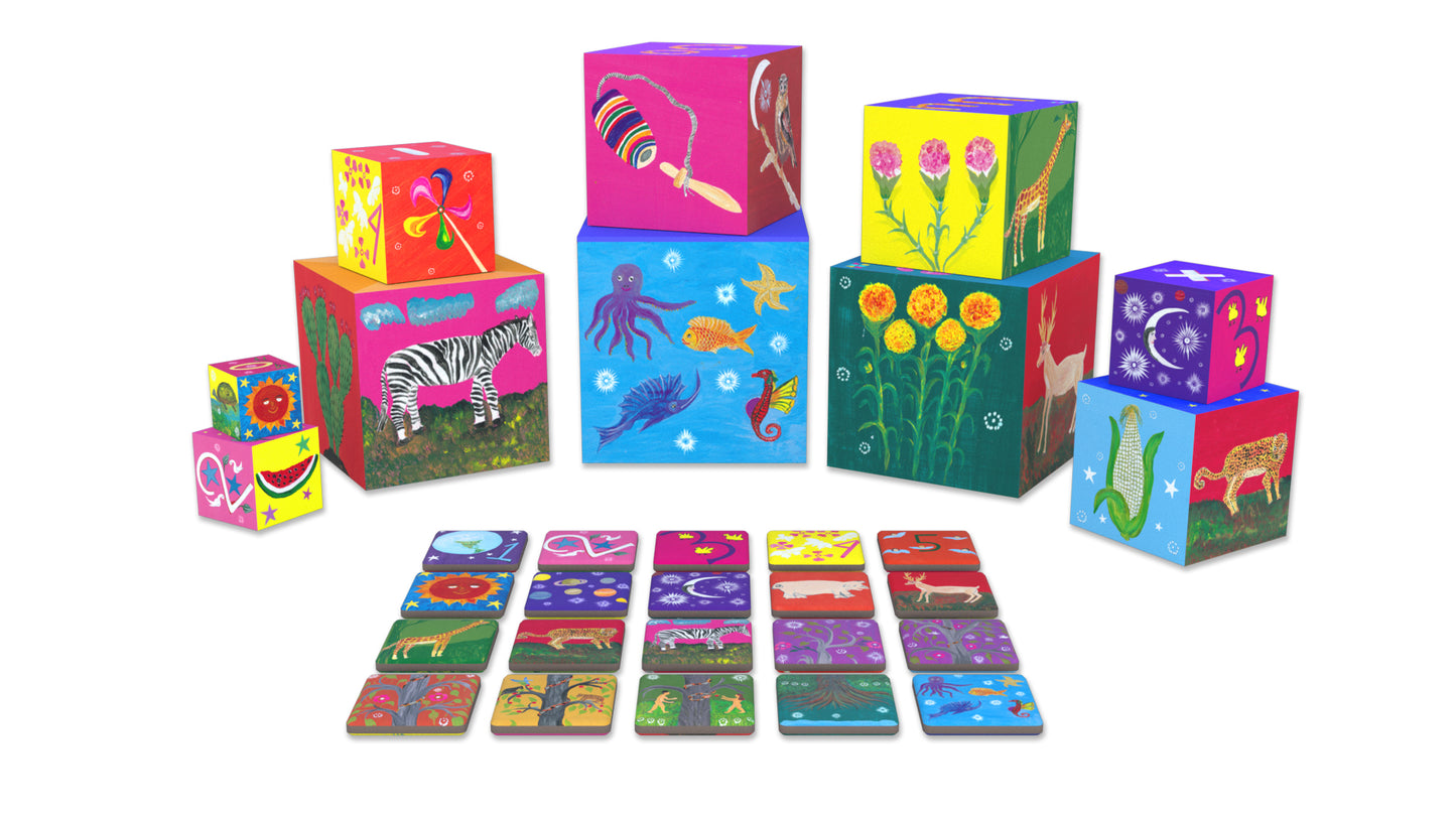 Boxart comes with ten different sized cubes and 20 different sized cards painted by Mexican artisans.